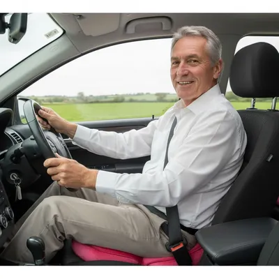 A man in his sixties driving comfortably with a Seatzy cushion on the car seat
