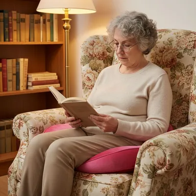 A woman reading a book in her armchair, sitting on her pink Seatzy cushion