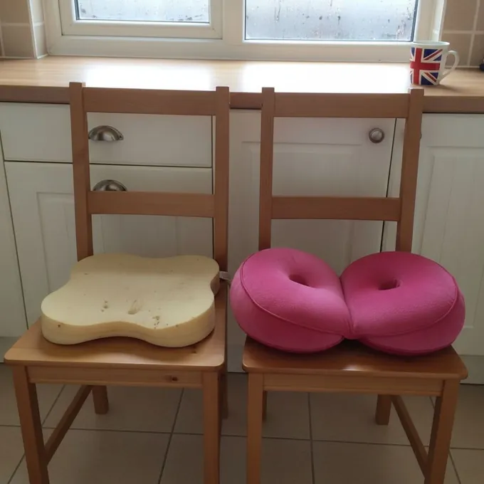 Side-by-side comparison of a flattened cheap foam cushion and the Seatzy cushion still holding its shape