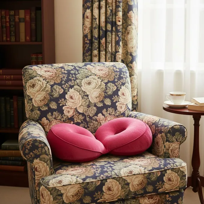 The pink Seatzy dual-ring cushion lying flat on a light grey armchair in a bright living room