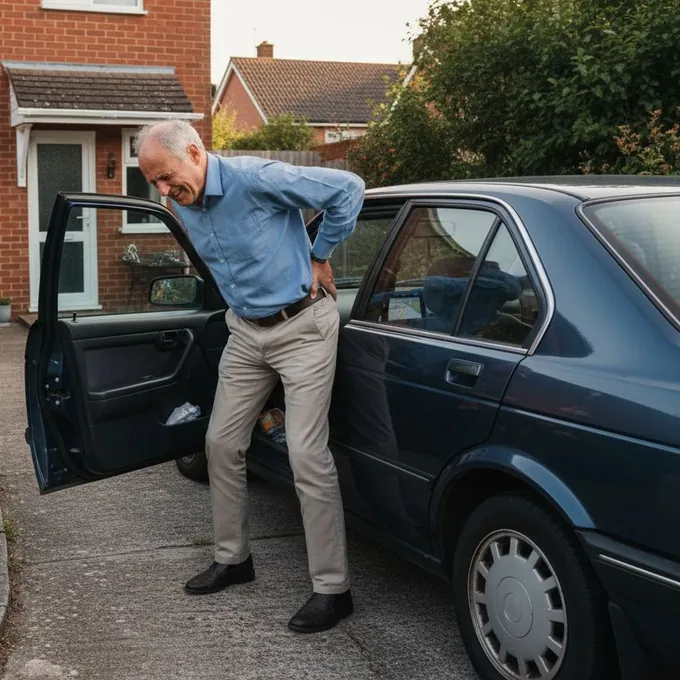 A man in his sixties getting stiffly out of his car with a hand on his lower back after a long drive